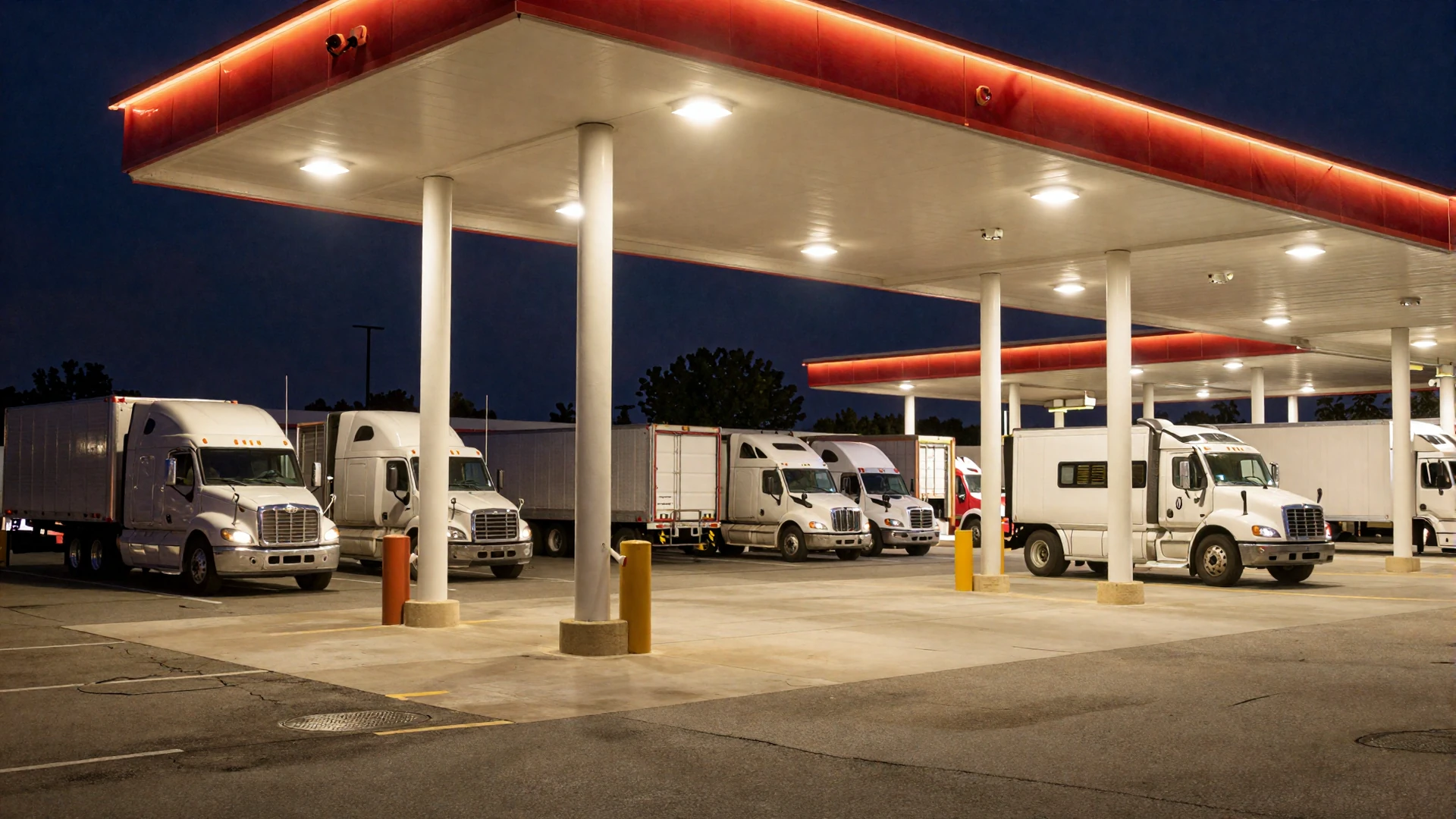 Well-lit truck stop parking lot at night with visible security cameras for safe trucker dating meetups