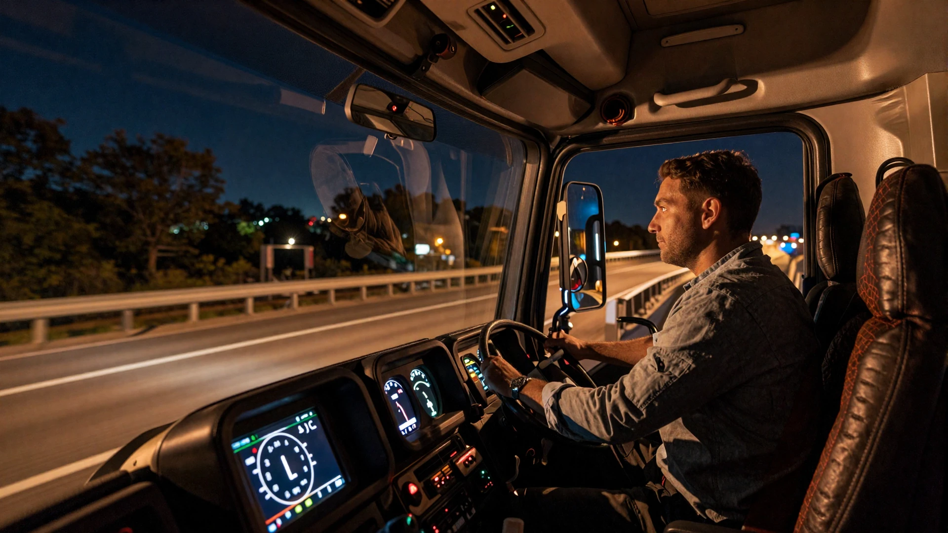 Interior of a modern truck cab at night with highway lights glowing, representing life on the road for trucker dating