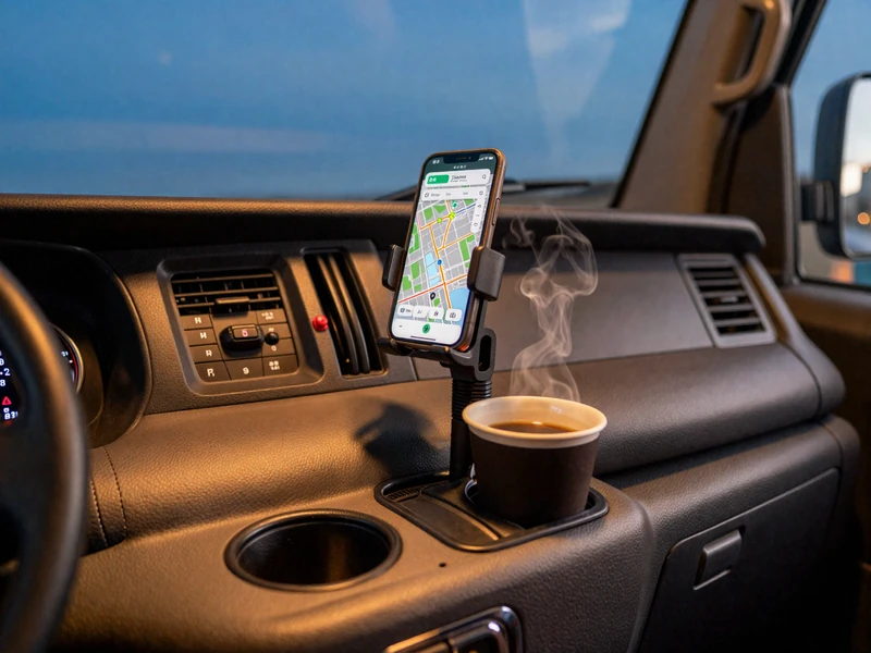 Truck dashboard with phone mount and coffee cup representing time management in long haul dating