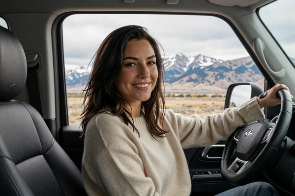 Woman smiling in a cozy truck cab with Wyoming mountains visible - Wyoming trucker dating lifestyle