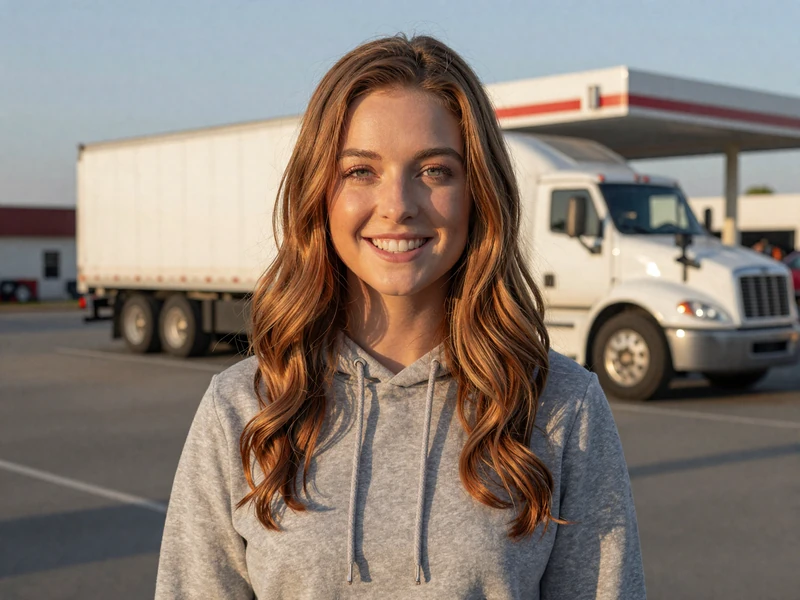 Woman in a hoodie smiling at a truck stop, representing women who date truck drivers and understand road life