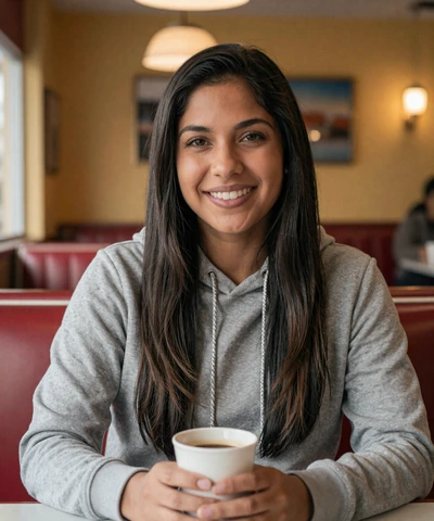Gabriela, 33, in a hoodie at a local diner - trucker dating Houston profile