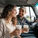 James and Danielle sharing coffee in a truck cab after finding love through trucker dating