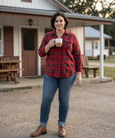 Crystal, 38, in a flannel shirt holding coffee at an Arkansas diner - Arkansas trucker dating profile