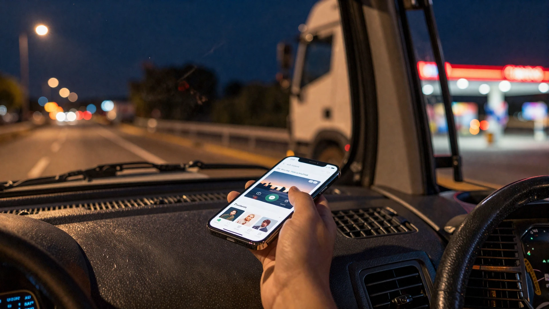 Smartphone on a truck dashboard showing a dating app at night for online dating tips for truck drivers