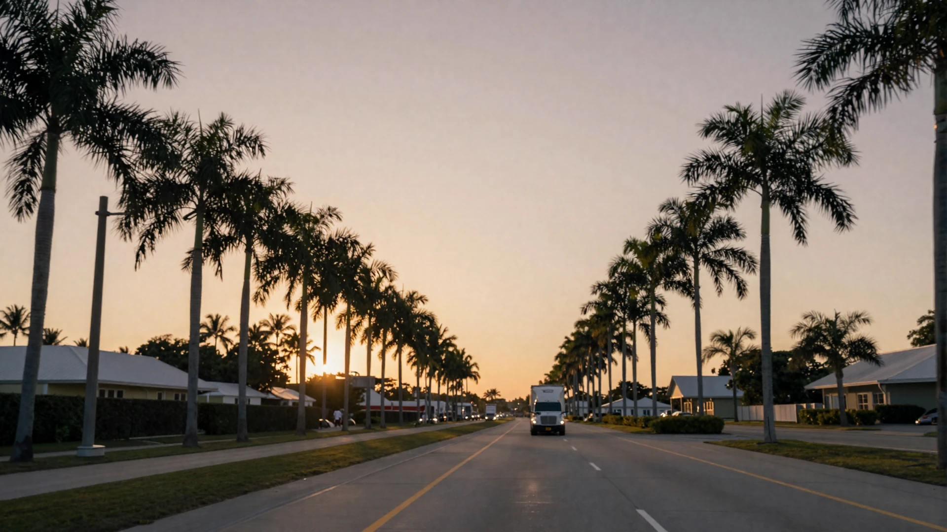 Florida highway lined with palm trees at sunset - trucker dating Florida hero background