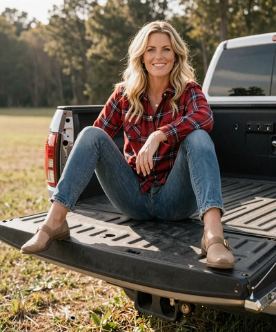Megan, 34, in a flannel shirt on a pickup tailgate - trucker dating Georgia profile
