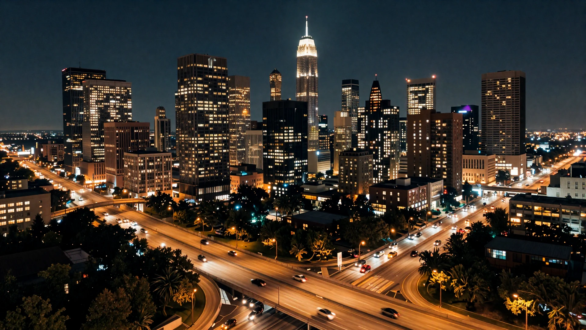 Night skyline of a major US city with highway headlights in foreground for trucker dating by city