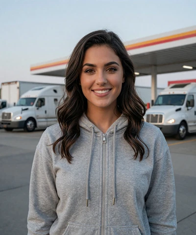 Ashley, 29, in a hoodie at a Dallas truck stop - trucker dating Texas profile