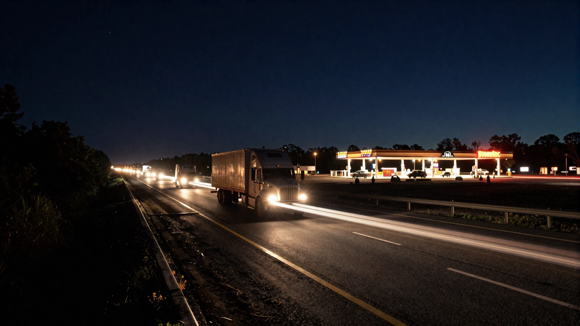 Midnight American interstate highway with glowing headlights and a distant truck stop for trucker dating