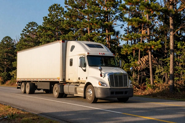 Semi truck on I-75 through Georgia pine forest - trucker dating Georgia routes