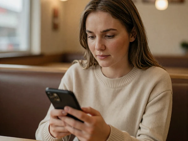 Woman in a sweater reviewing her phone cautiously at a truck stop cafe for safe online trucker dating
