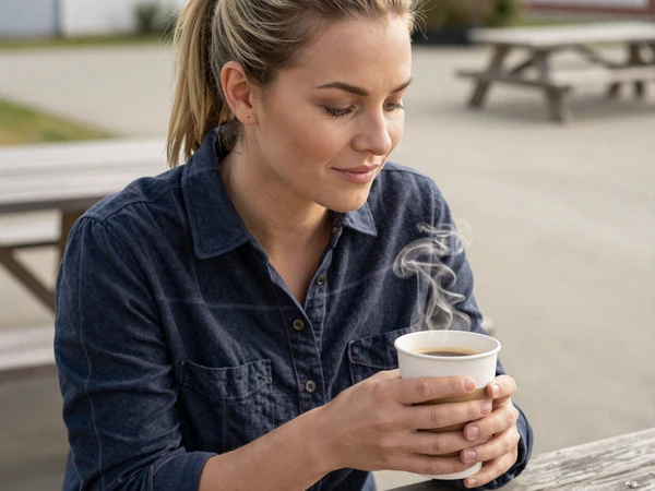 Woman drinking coffee at a roadside table - benefits of local trucker dating service