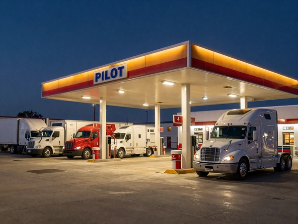 Modern truck stop in Texas at night with semi trucks parked under amber lights - Dallas trucker dating local spot