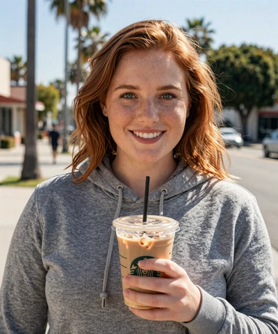 Aubrey, 33, in a hoodie holding an iced coffee - trucker dating Los Angeles profile