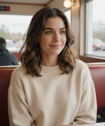 Brittany, 30, in a sweater at a roadside diner - trucker dating Georgia profile