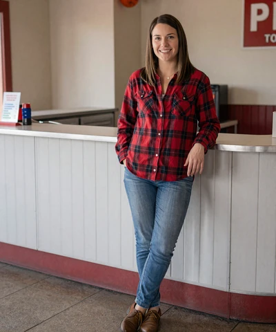 Brittany, 31, in a flannel shirt at a roadside diner - trucker dating Atlanta profile