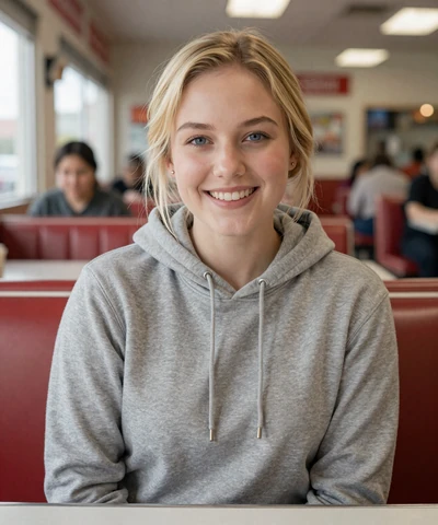 Kaitlyn, 26, in a hoodie at a Cleveland diner - Ohio trucker dating profile