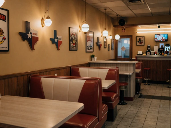 Cozy Dallas roadside diner interior with warm amber lighting - trucker dating Dallas local spot