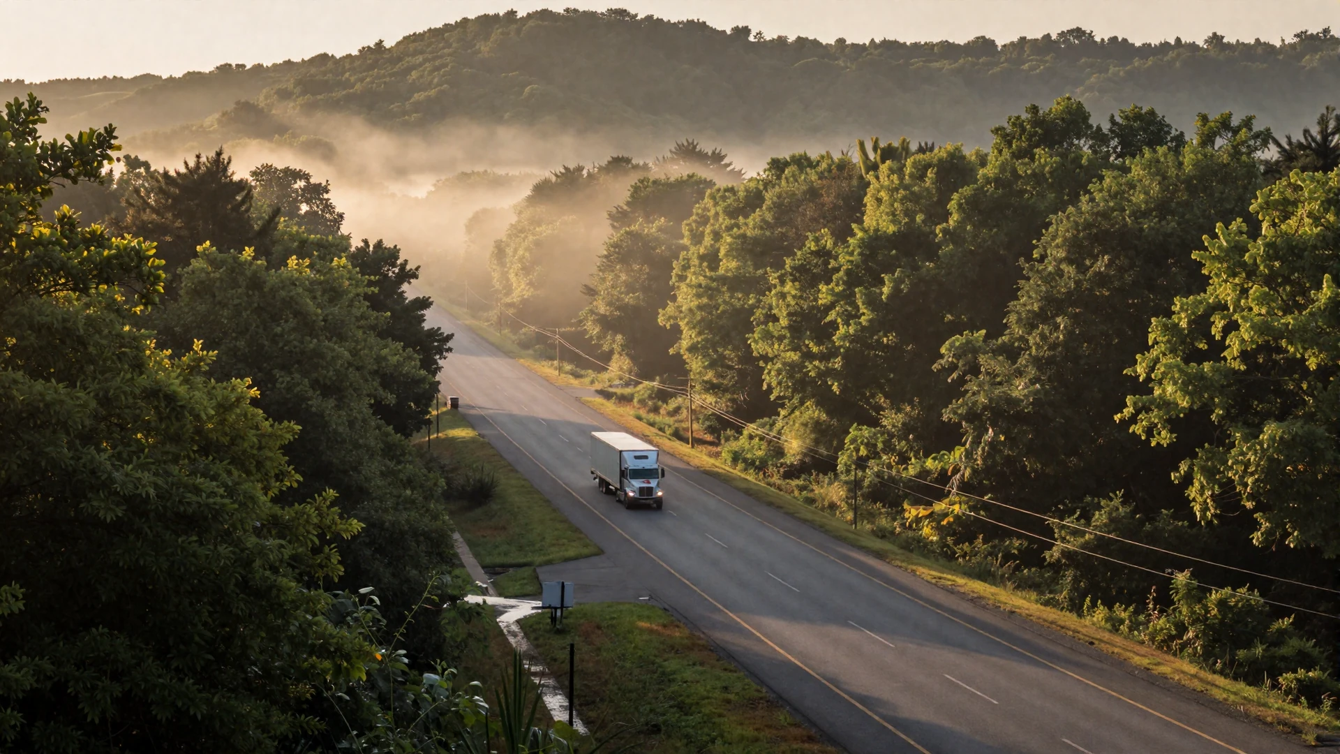 Forested Pennsylvania interstate at dawn with morning mist - trucker dating Pennsylvania hero background