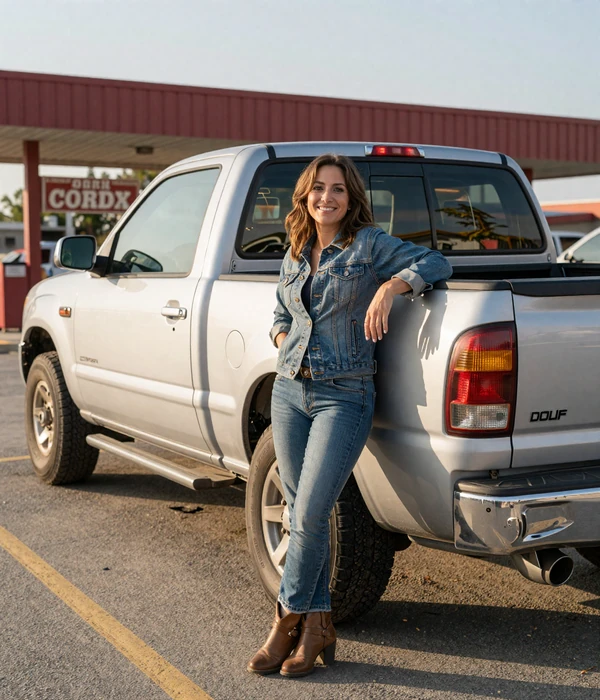 Woman in a denim jacket leaning against a pickup truck - trucker dating lifestyle photo