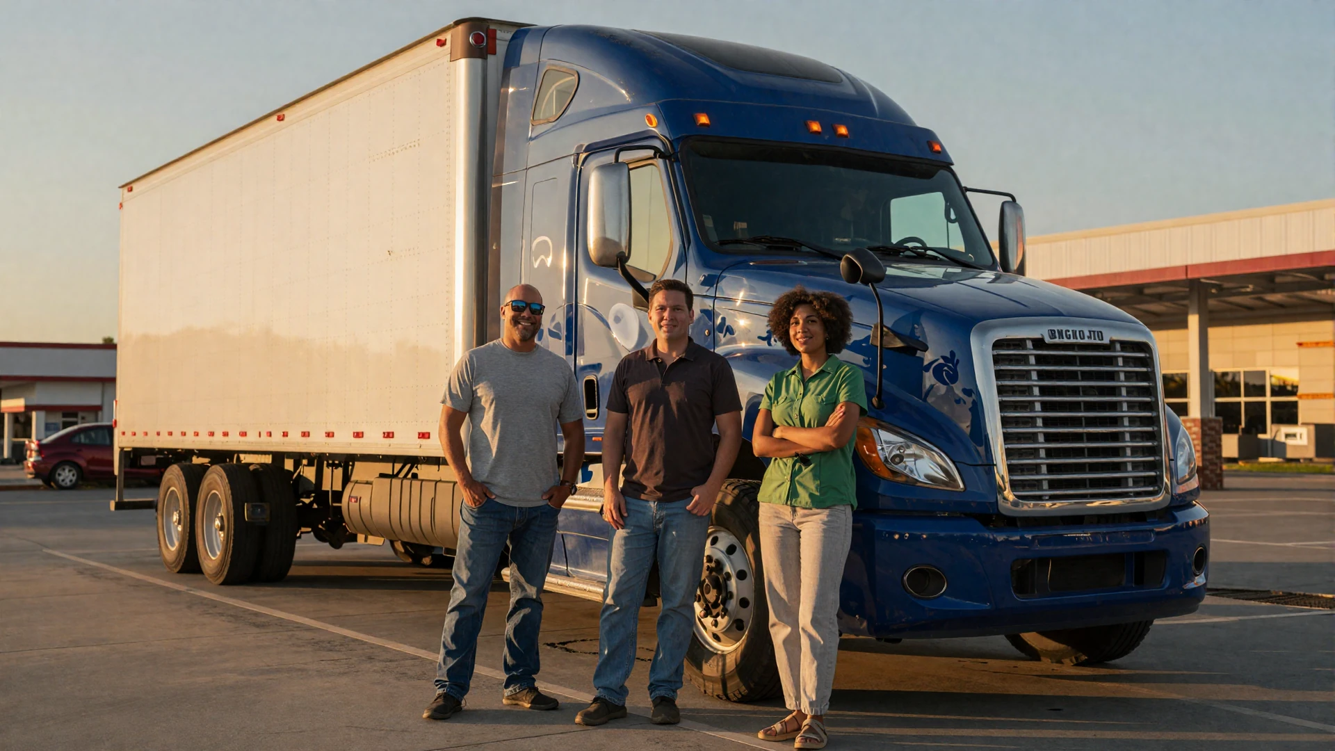 Trucker Dating founding team standing in front of a semi truck at sunset - trucker dating service background
