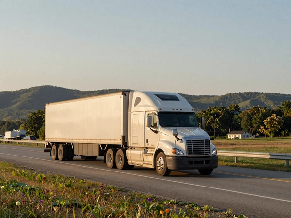 Semi truck on I-87 New York State Thruway at golden hour - trucker dating New York route