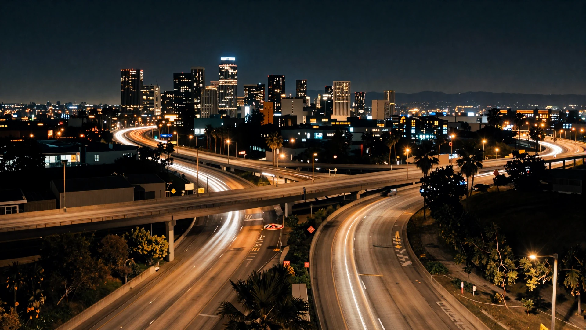 I-5 Los Angeles highway interchange at night with glowing city lights - trucker dating Los Angeles hero background