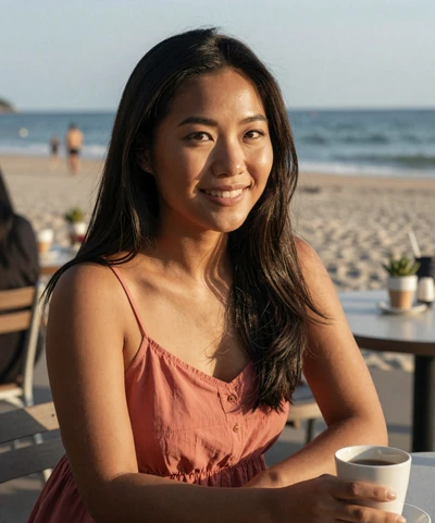 Megan, 26, smiling at a San Diego beachside cafe - California trucker dating profile