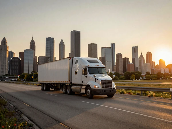 Semi truck driving on I-90 toward Chicago skyline at golden hour - trucker dating Chicago route