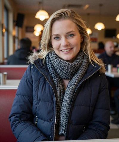 Ashley, 29, in a winter coat at a Chicago diner - trucker dating Chicago profile