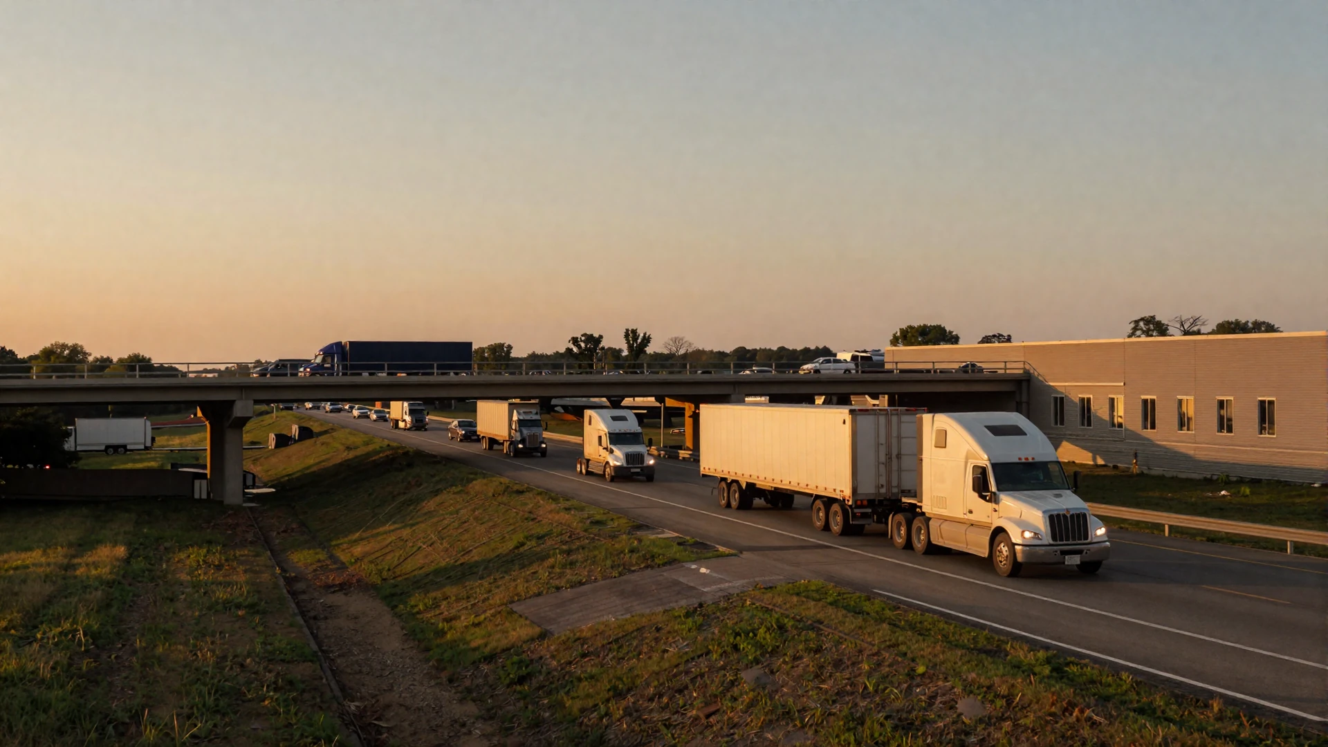 Ohio interstate overpass at dusk with semi trucks - trucker dating Ohio hero background