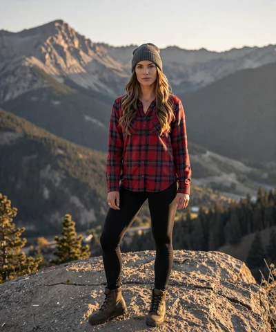 Dakota, 31, in a flannel shirt and beanie at a Wyoming mountain overlook - Wyoming trucker dating profile