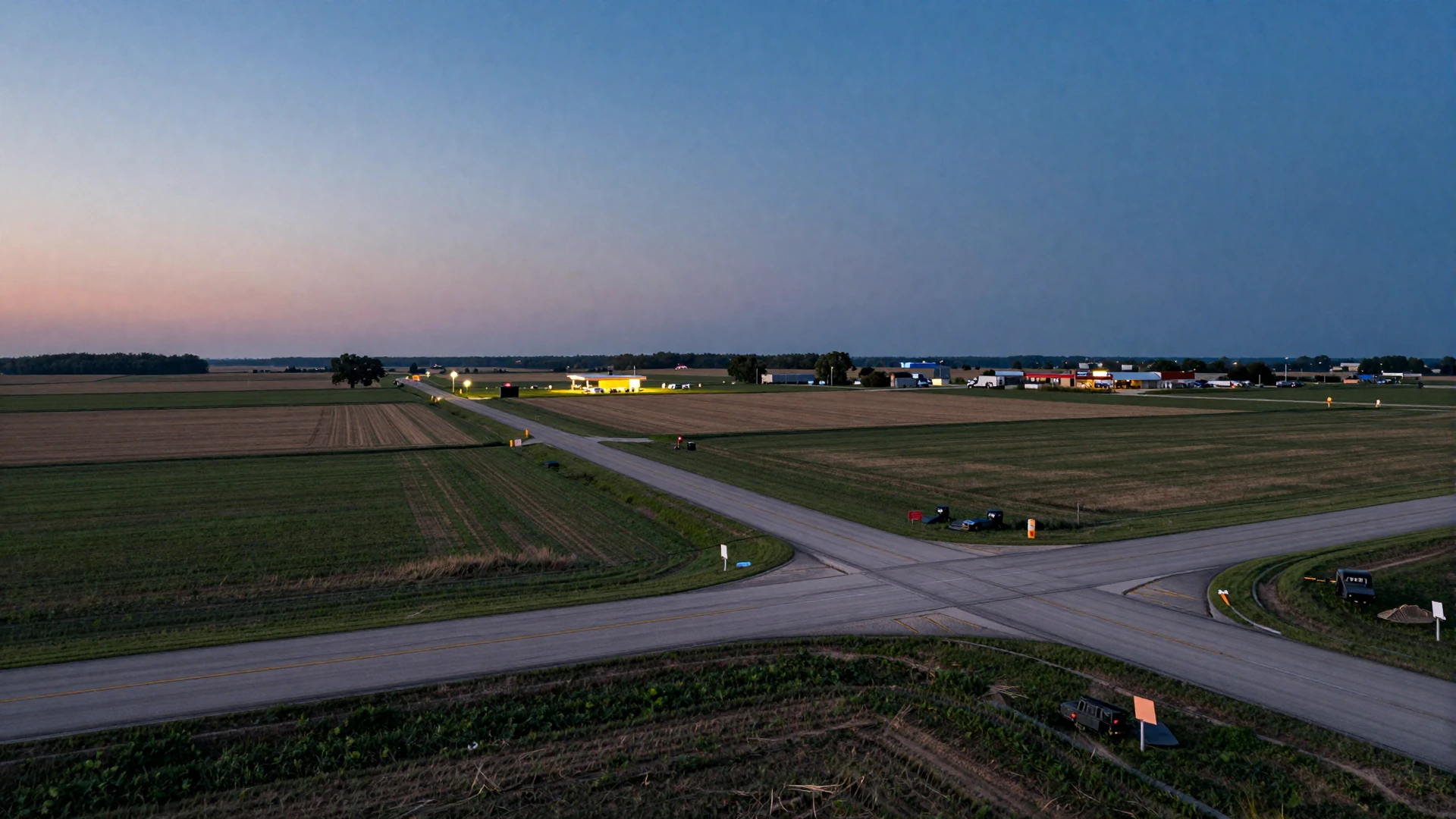I-80 Iowa highway passing farmland at dusk - trucker dating Iowa hero background