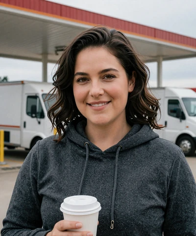 Danielle, 36, in a hoodie holding a coffee cup at an Iowa truck stop - Iowa trucker dating profile