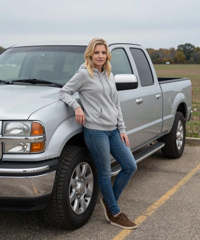 Woman in a sweater leaning against a pickup truck at a gas station - trucker dating by state profile photo