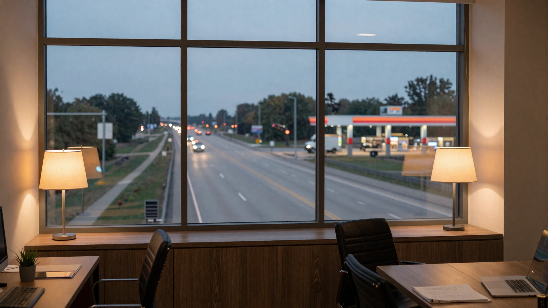 Modern office space with a view of an American highway at dusk - Trucker Dating support center