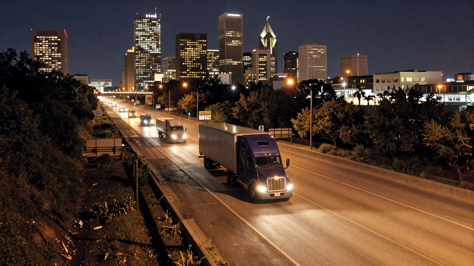 Houston interstate at night with glowing city lights and semi truck headlights - trucker dating Houston hero background
