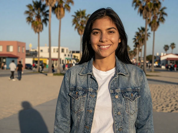 Woman smiling on Venice Beach boardwalk at golden hour - trucker dating Los Angeles local lifestyle