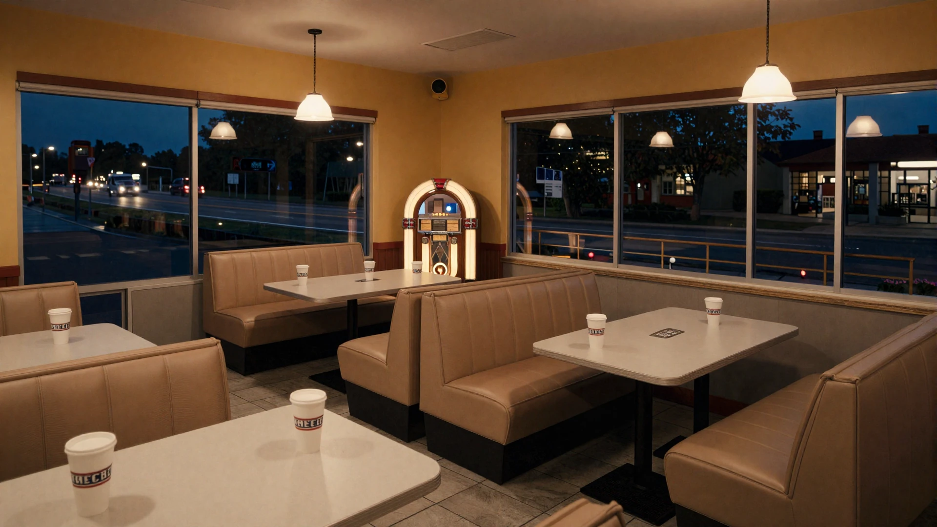 Cozy truck stop cafe interior at night with warm amber lighting for trucker dating guide