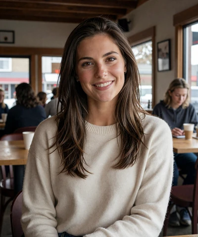 Megan, 26, in a cream sweater at a small town Iowa cafe - Iowa trucker dating profile