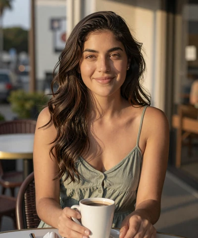 Sofia, 26, in a casual dress at an LA outdoor cafe - trucker dating Los Angeles profile