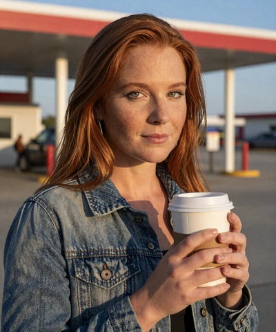 Amanda, 35, in a denim jacket holding coffee at an Illinois rest area - trucker dating profile