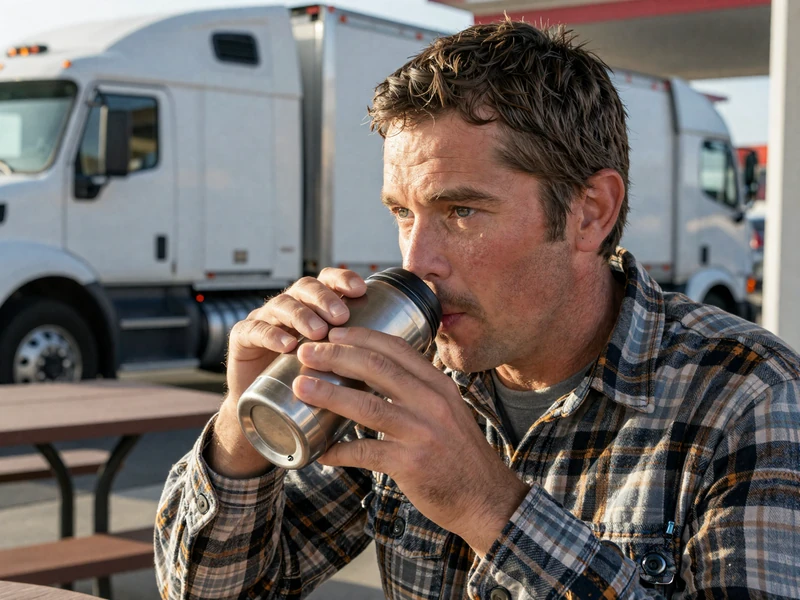 Truck driver drinking coffee at a rest area table, illustrating the daily life of dating an over the road truck driver