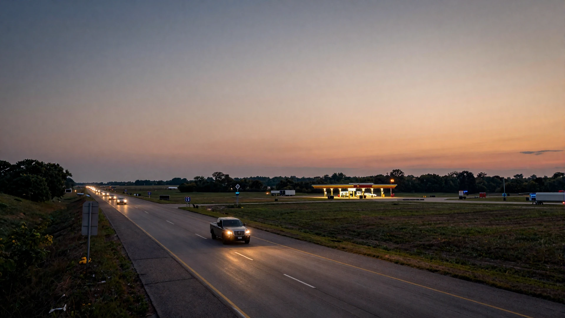 I-55 Illinois highway at dusk with glowing headlights - trucker dating Illinois hero background