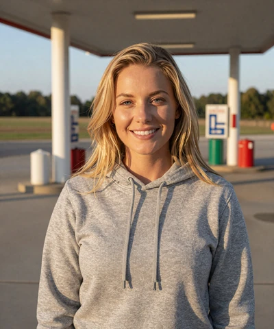 Megan, 25, in a gray hoodie at a rural Nebraska rest stop - Nebraska trucker dating profile