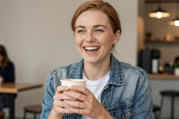 Woman laughing with coffee in a Georgia coffee shop - blue collar dating lifestyle