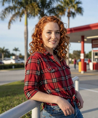 Kayla, 29, in a flannel shirt at a Jacksonville rest area - Florida trucker dating profile