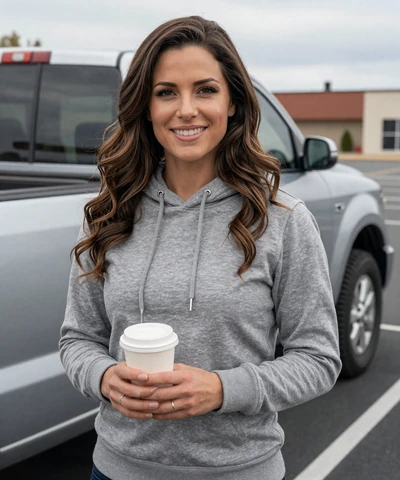 Megan, 32, in a hoodie holding coffee near a pickup truck - CDL dating profile photo