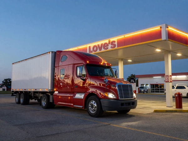 Modern semi-truck parked at a Love's truck stop in Texas at night - trucker dating Texas routes
